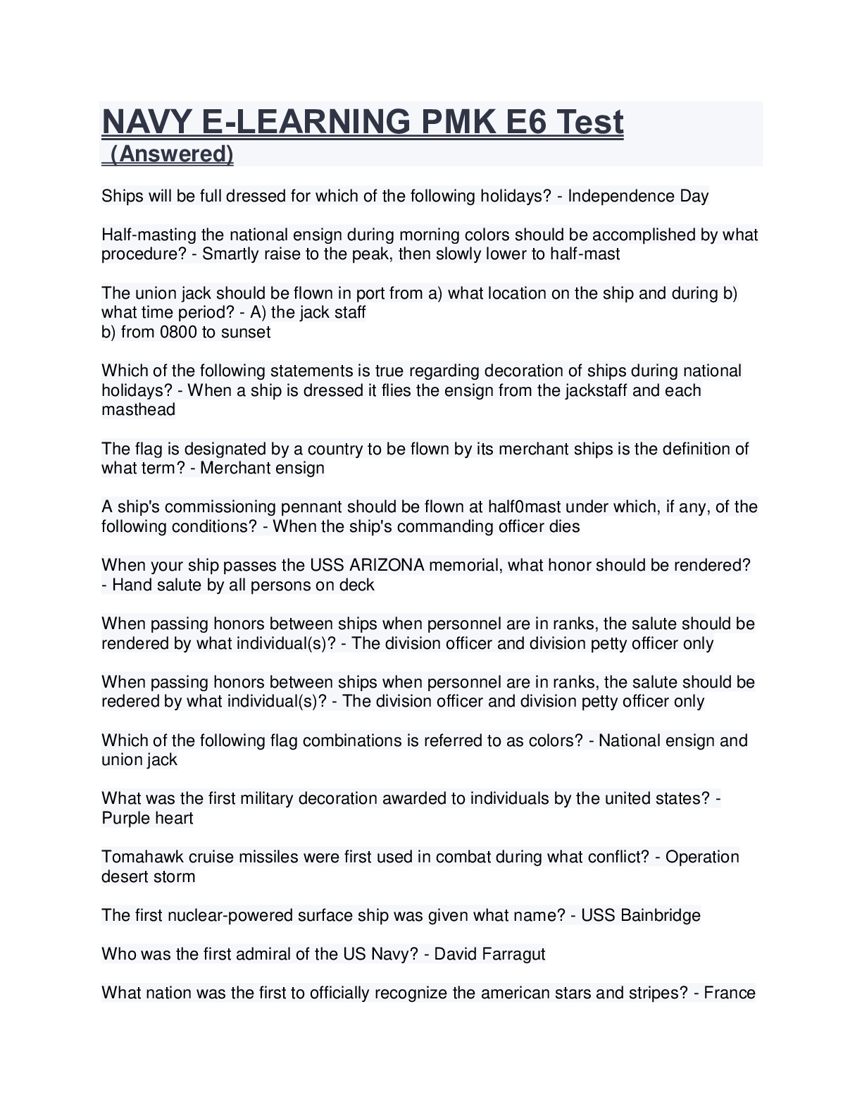 NAVY ELEARNING PMK E6 July 2022 Answered, distinction solution Guide